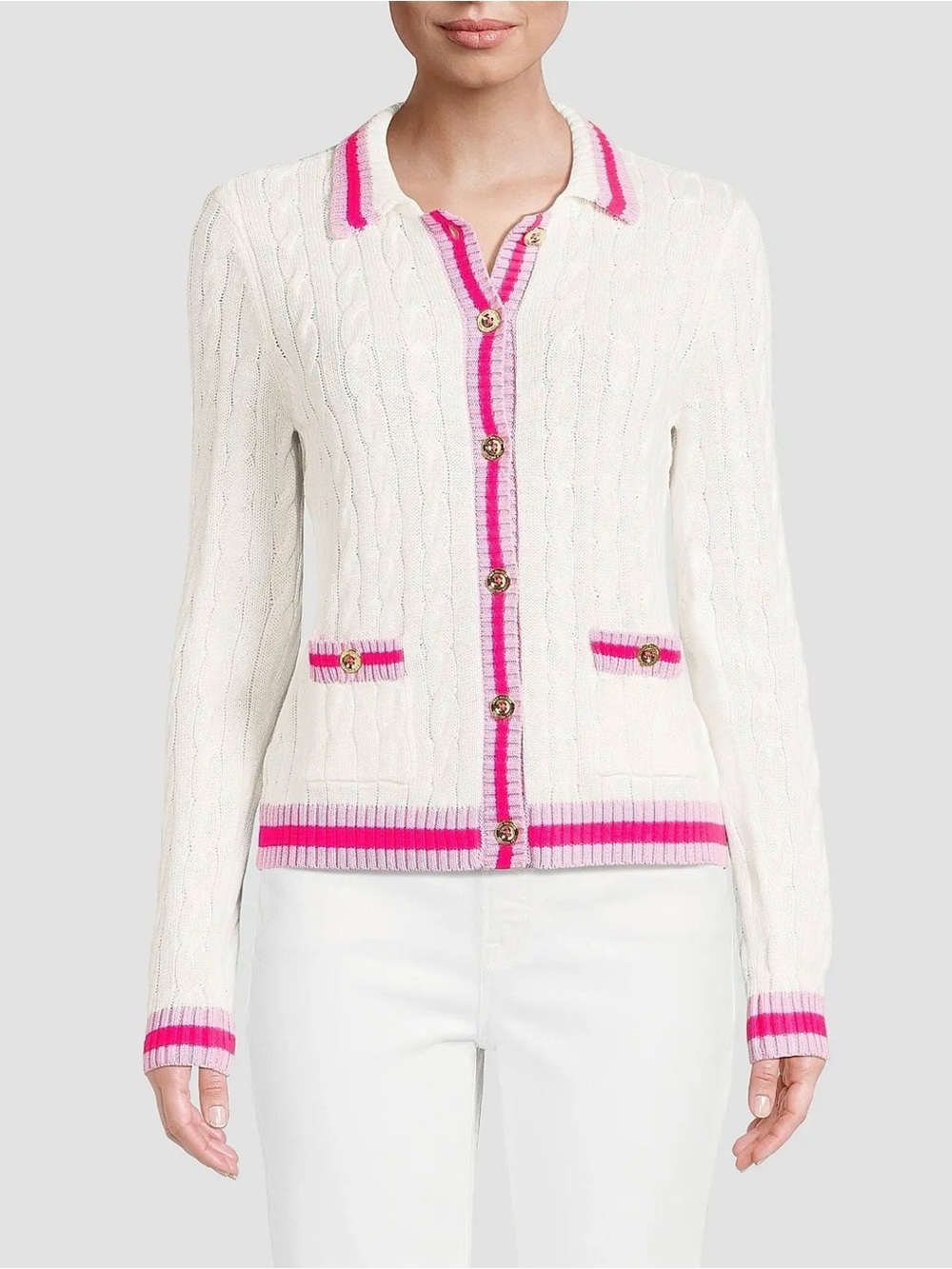 Lilly Pulitzer White & Pink Brockton Bliss Tipping Polo Cardigan Sweater